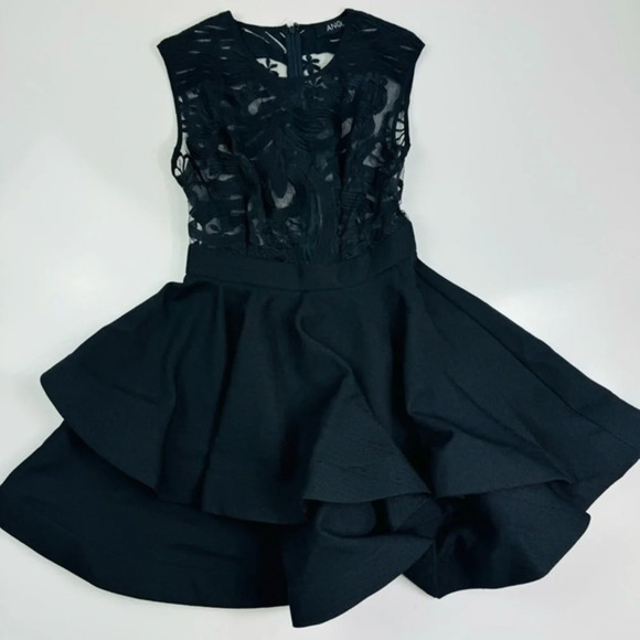 ANGL Black Sheer Lace Embroidered Fit And Flare Dress Size Small - Picture 2 of 9